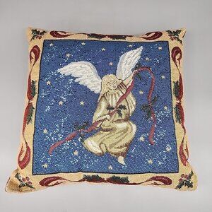 Vintage Tapestry Angel Christmas Pillow Red Back 12x12”